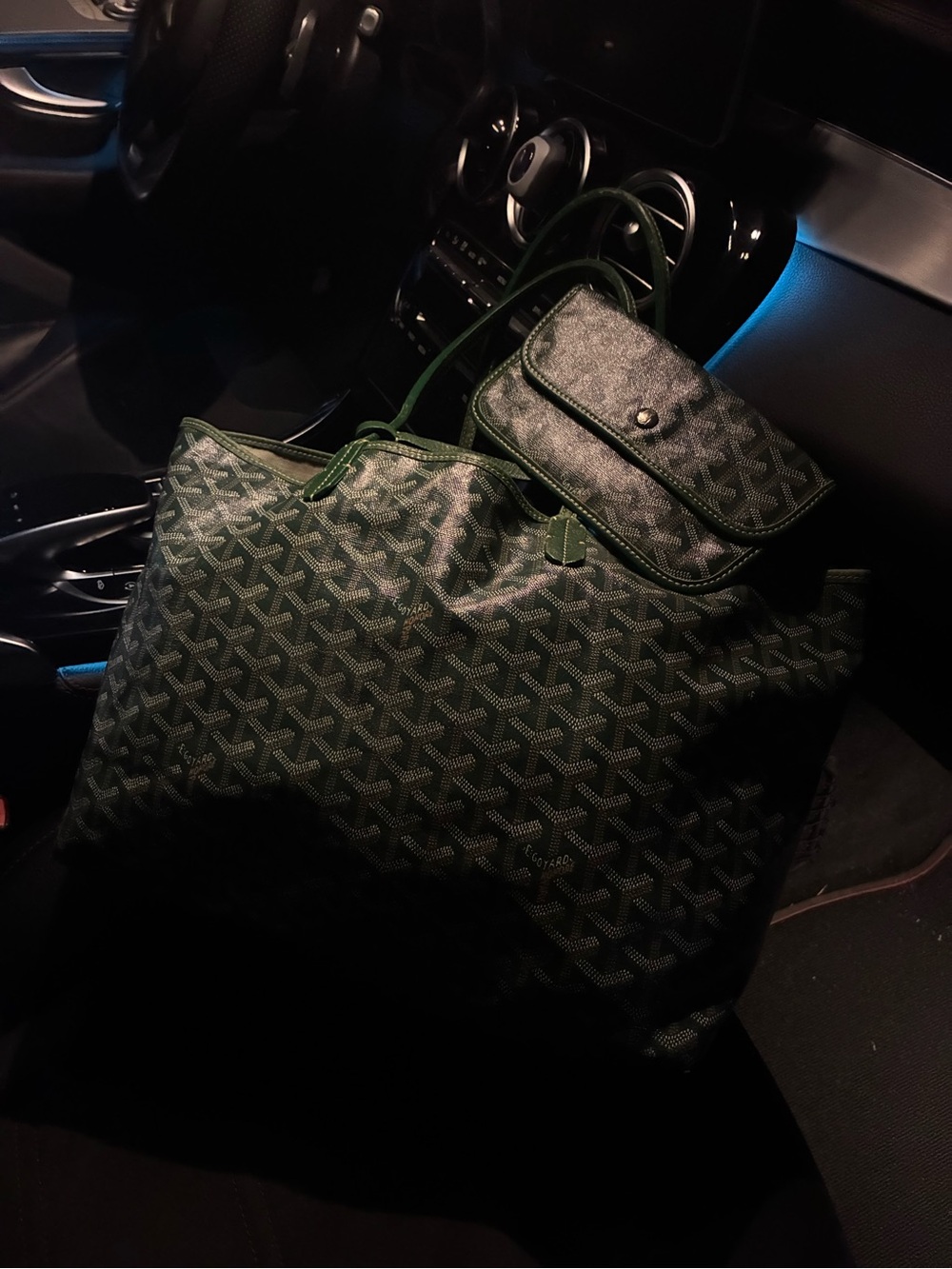 Authentic Dark Green Goyard St. Louis Tote Bag with Small Pouch